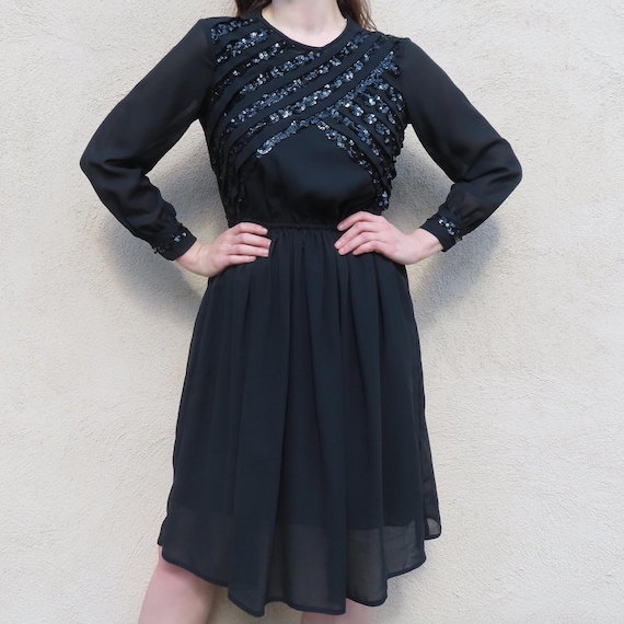 1980s Sequin Dress Black Long Sheer Sequined Cuff Sleeve Flowy Knee Length  Skirt Size Medium - 38" Chest / 23-33" Elastic Waist / 43" Length - Etsy  New Zealand