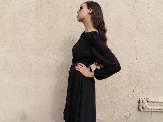 1970s Black Dress Sequin Pleated Full Long Sleeve… - image 6