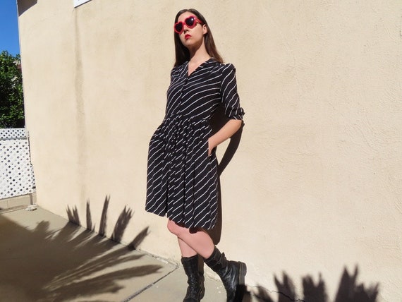 1980s Striped Dress Black White Diagonal Stripe S… - image 1