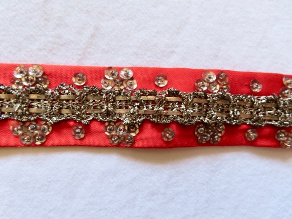 1930s Sequin Tie Red Satin Silver Metallic Thread… - image 4