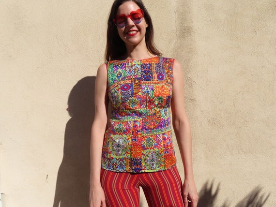 1960s Patchwork Top Multicolor Patterned Sleevele… - image 1