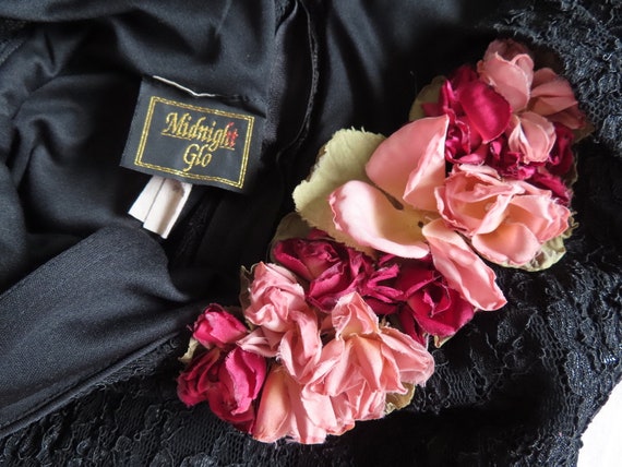 1990s Lace Dress Black Floral Pink Red Flower Puff Sleeve Full Skirt size XS / Small - 30-35" chest / 23-29" waist / 40" hip / 47.5" length 1990s Lace Dress Black Floral Pink Red Flower Puff Sleeve Full Skirt size XS / Small - 30-35" chest / 23-29" waist / 40" hip / 47.5" length