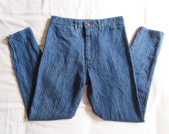 1980s Pinstripe Jeans Dark Denim Ankle Zip High Waisted Skinny Tapered Slim Fit Vintage Denim sz 29" w / 38" hip / 12" rise / 28.75" inseam