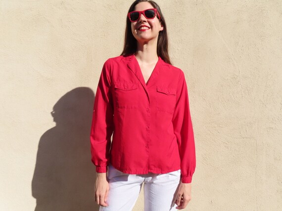 1980s Red Blouse Double Patch Pocket Button Down … - image 4