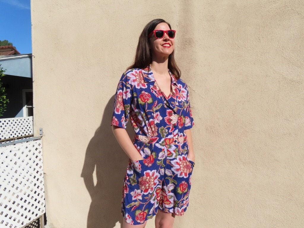 1990s Romper Abstract Exotic Floral Print Navy Red Short Sleeve