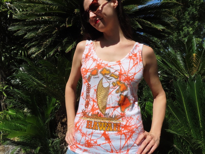 1970s Hawaii Tank Top Souvenir Orange White Boat Ship Island Print Oahu Maui Lanai Kauai size Small / Medium 34 chest / 26.25 length image 4