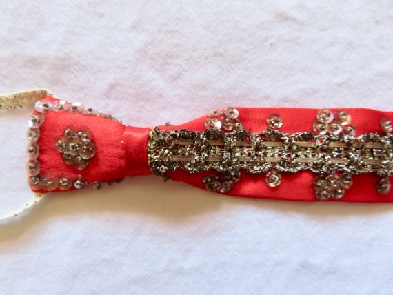 1930s Sequin Tie Red Satin Silver Metallic Thread… - image 3