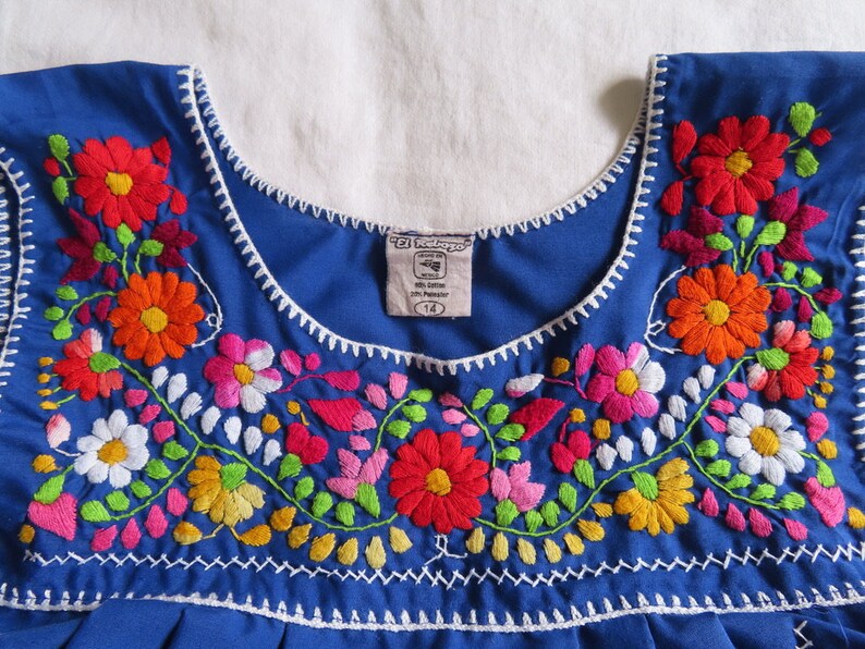 1970s Embroidered Dress Mexican Floral Person Figural Hand Embroidery Sleeveless Blue Folk size Small 36 chest / 44 hip / 37.5 length image 10