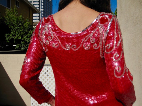 1980s Sequin Dress Red Silver Seed Bead Flower Sw… - image 6