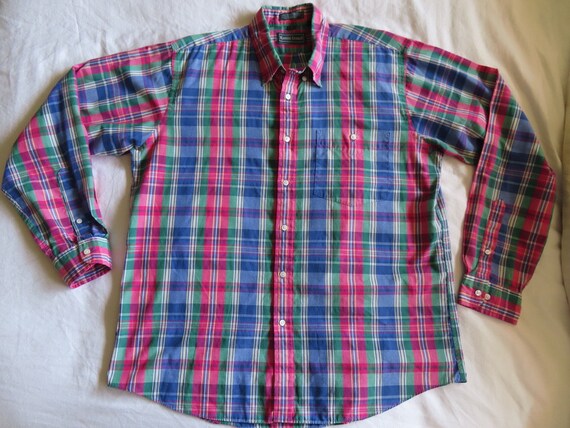 1980s Plaid Shirt Pink Blue Green White Long Slee… - image 8