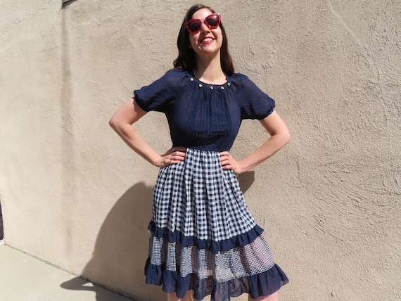 1990s Gingham Dress Navy Blue White Gold Leaf Trim Full Skirt Puff Sleeve Pintuck Lace Ribbon Trim Collar Bodice Size Small - 34" Bust - Etsy 1990s Gingham Dress Navy Blue White Gold Leaf Trim Full Skirt Puff Sleeve Pintuck Lace Ribbon Trim Collar Bodice Size Small - 34" Bust - Etsy