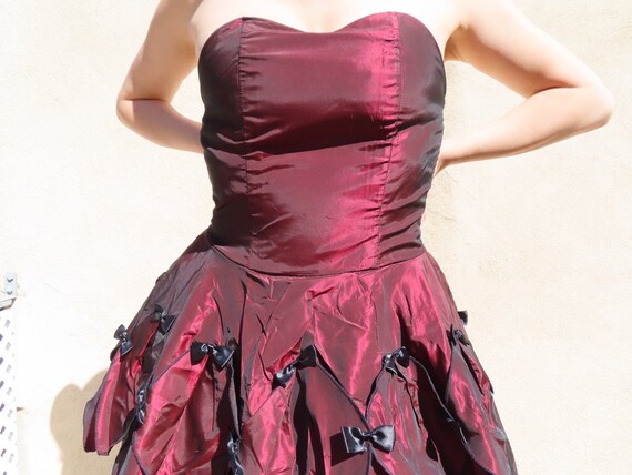 1980s Party Dress Shiny Dark Blood Red Strapless … - image 2