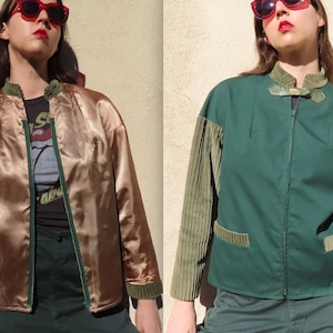 1950s Reversible Jacket Beige Satin Green Cotton Corduroy Sleeve Zip Front Deadstock Coat Unisex sz Men&#39;s Medium / Women&#39;s Large - 44&quot; chest