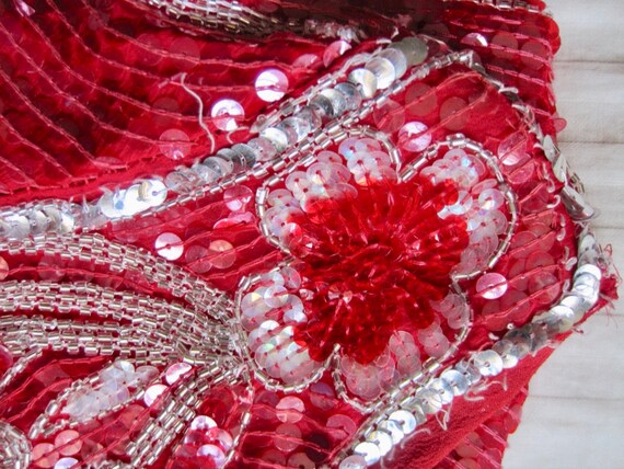 1980s Sequin Dress Red Silver Seed Bead Flower Sw… - image 9
