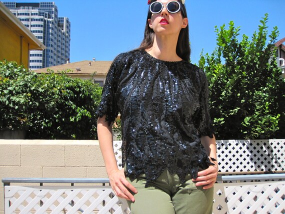 CLEARANCE SALE 1990s Sequin Top Black Jagged Hem Short Sleeve Seed Bead Sheer Blouse Oversized Fit Shirt Size Medium Large 43 Bust Etsy UK