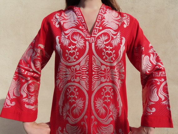 1960s Greek Dress Hooded Red Silver Embroidered B… - image 2