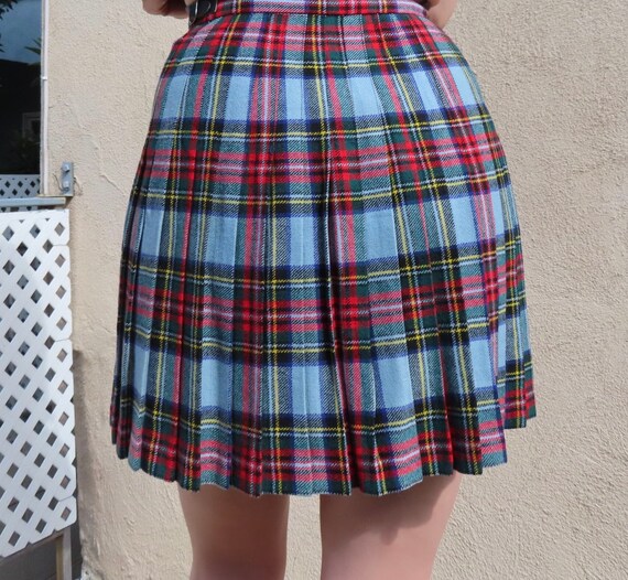 1960s Plaid Skirt Blue Red Pleated Side Buckle Sc… - image 7