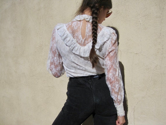 1970s Lace Blouse White Ruffle High Collar Top Sh… - image 5