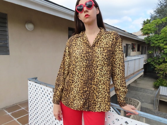 1980s Leopard Top Lizwear Rayon Long Sleeve Button Down Blouse