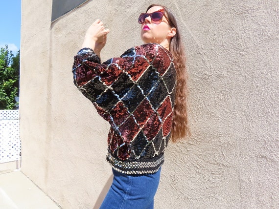 1980s Sequin Sweater Dolman Sleeve Harlequin Diam… - image 6