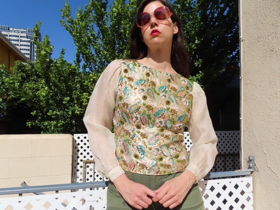 1960s Sequin Top Metallic Gold Beaded Green Pink … - image 1