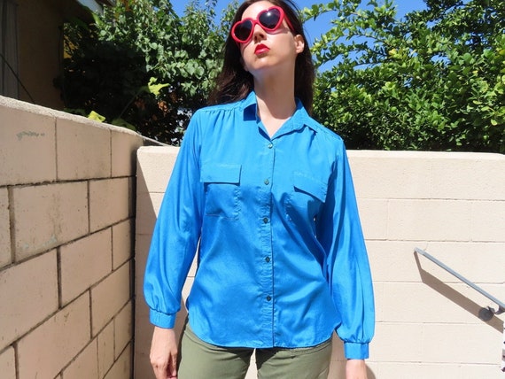 CLEARANCE SALE 1980s Electric Blue Shirt Button D… - image 1