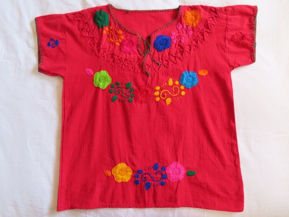 1960s Embroidered Top Red Mexican Smocked Tie Nec… - image 7