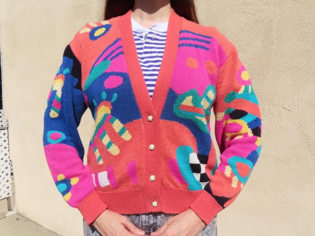 ビンテージ 80s モヘア ニット レインボーカラー 刺繍模様 総柄 希少 美品 Vintage 80s Technicolor Abstract Sweater – 4KINSHIP
