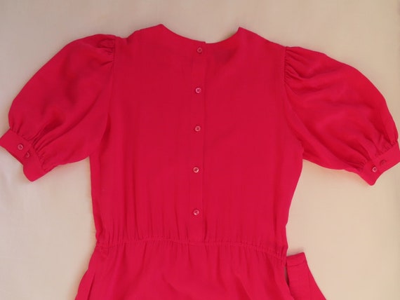 1980s Silk Dress Bright Neon Pink Short Puff Slee… - image 6