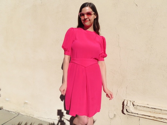 1980s Silk Dress Bright Neon Pink Short Puff Slee… - image 1