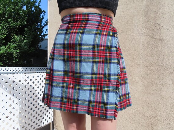 1960s Plaid Skirt Blue Red Pleated Side Buckle Sc… - image 2