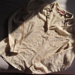 1970s Plaid Shirt White Rainbow Button Down Top Glittery Sparkly Metallic Gold Thread Blouse size Small 36 bust / 32 waist / 24 long image 10