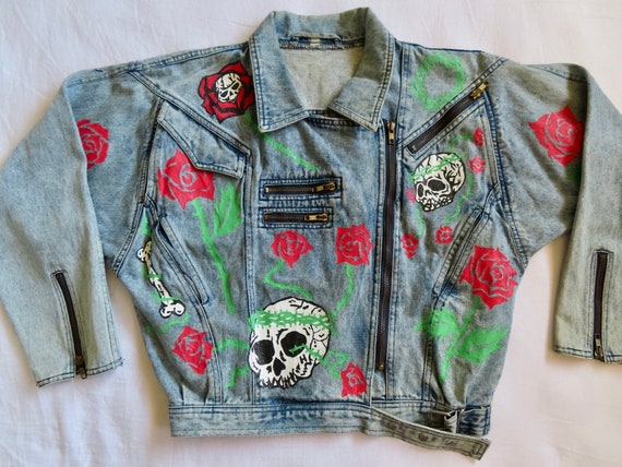 1980s Punk Jacket Hand Painted Skull Rose Bone Li… - image 8