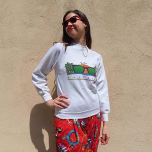 Pode incluir: Camisola branca com um gr&aacute;fico de &oacute;culos de sol, palmeiras e a palavra "WAYFARER". A camisola tem mangas compridas e gola redonda. A pessoa est&aacute; a usar &oacute;culos de sol vermelhos e cal&ccedil;as vermelhas estampadas.