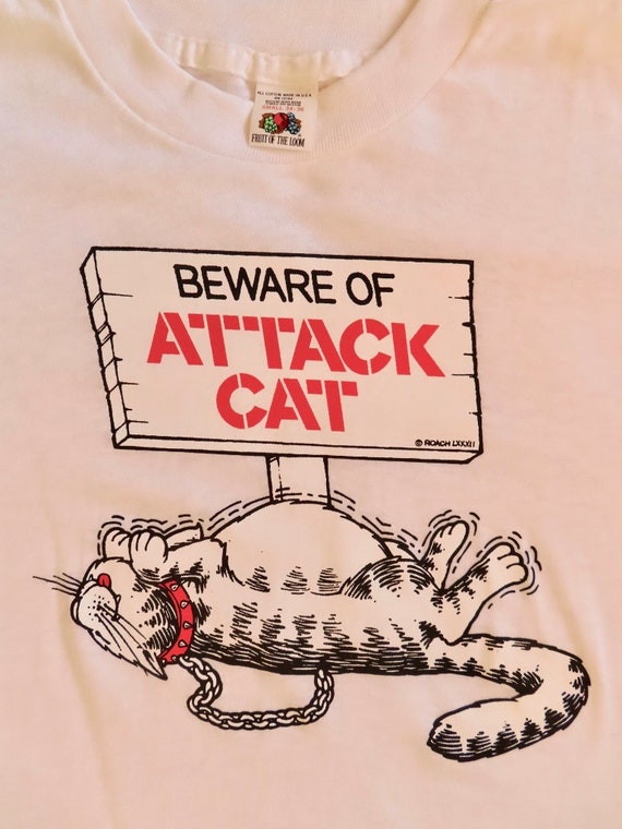 1980s Kitty Shirt Beware of Attack Cat Sign Novelty P… - Gem