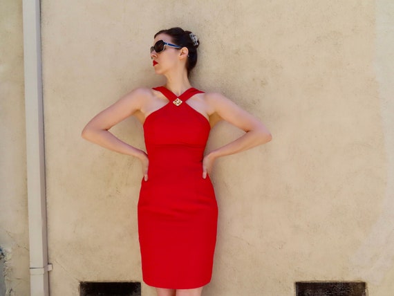 Buy 1980s Red Dress Gold Jewel Pearl Rhinestone Pendant Decoration Neckline  Gathered X Straps Bodycon Formal Power Dress Size Small - 34" Bust Online  in India - Etsy