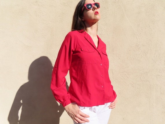 1980s Red Blouse Double Patch Pocket Button Down … - image 1