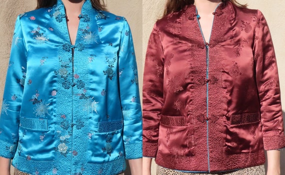 1960s Chinoiserie Jacket Reversible Blue Brown Floral Embroidered Frog Closure Rose Cherry Blossom Coat size Medium - 40" chest / 26" length