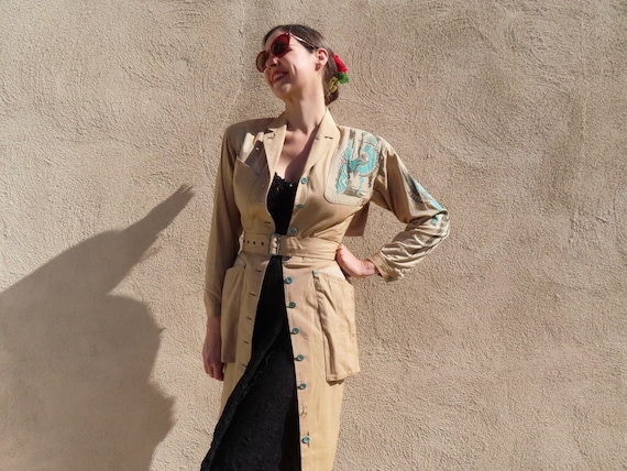 1980s Kansai Yamamoto Trench Dress Khaki Beige Abstract Belted