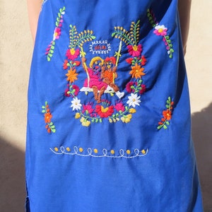 1970s Embroidered Dress Mexican Floral Person Figural Hand Embroidery Sleeveless Blue Folk size Small 36 chest / 44 hip / 37.5 length image 3