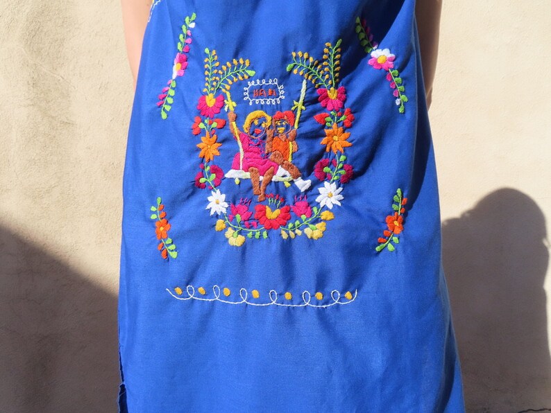 1970s Embroidered Dress Mexican Floral Person Figural Hand Embroidery Sleeveless Blue Folk size Small 36 chest / 44 hip / 37.5 length image 3