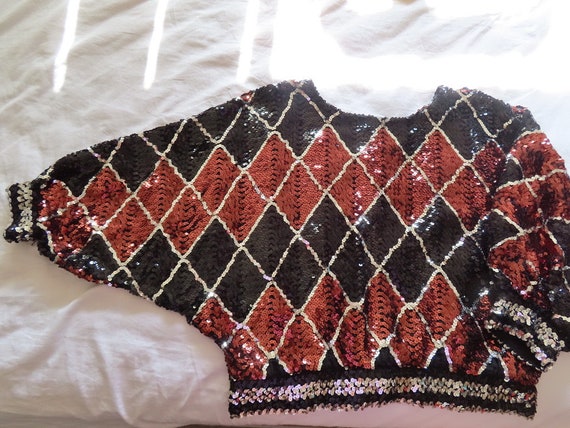 1980s Sequin Sweater Dolman Sleeve Harlequin Diam… - image 8