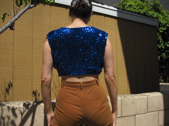 1960s Sequin Top Blue Crop Sleeveless Tank Cheerl… - image 3