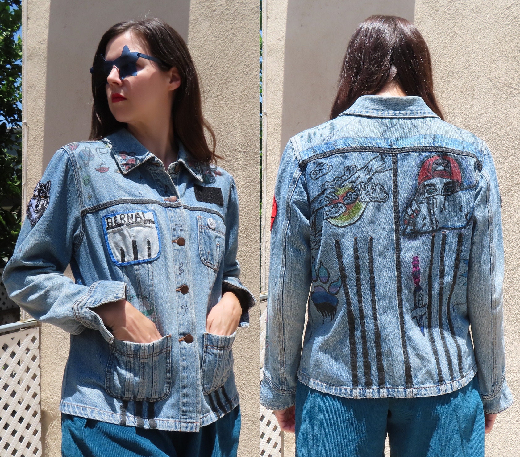 1990s Painted Jean Jacket Heart Rose Wolf Basketball Alien