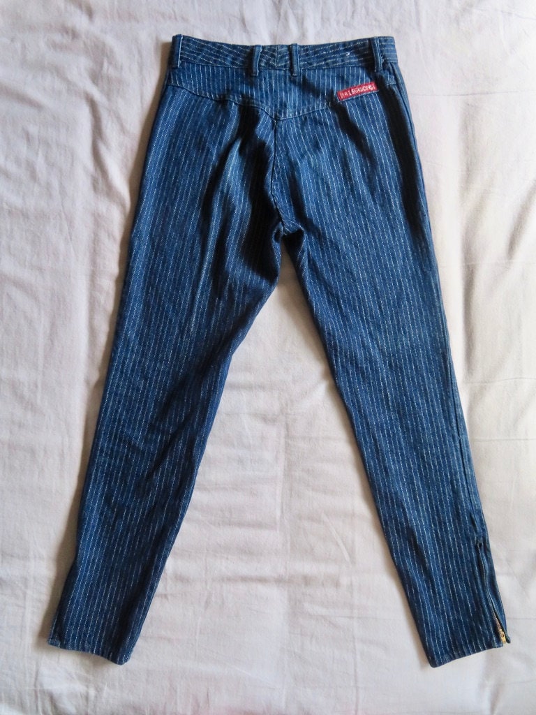 1980s Pinstripe Jeans Dark Denim Ankle Zip High Waisted Skinny