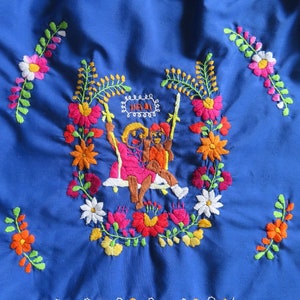 1970s Embroidered Dress Mexican Floral Person Figural Hand Embroidery Sleeveless Blue Folk size Small 36 chest / 44 hip / 37.5 length image 9