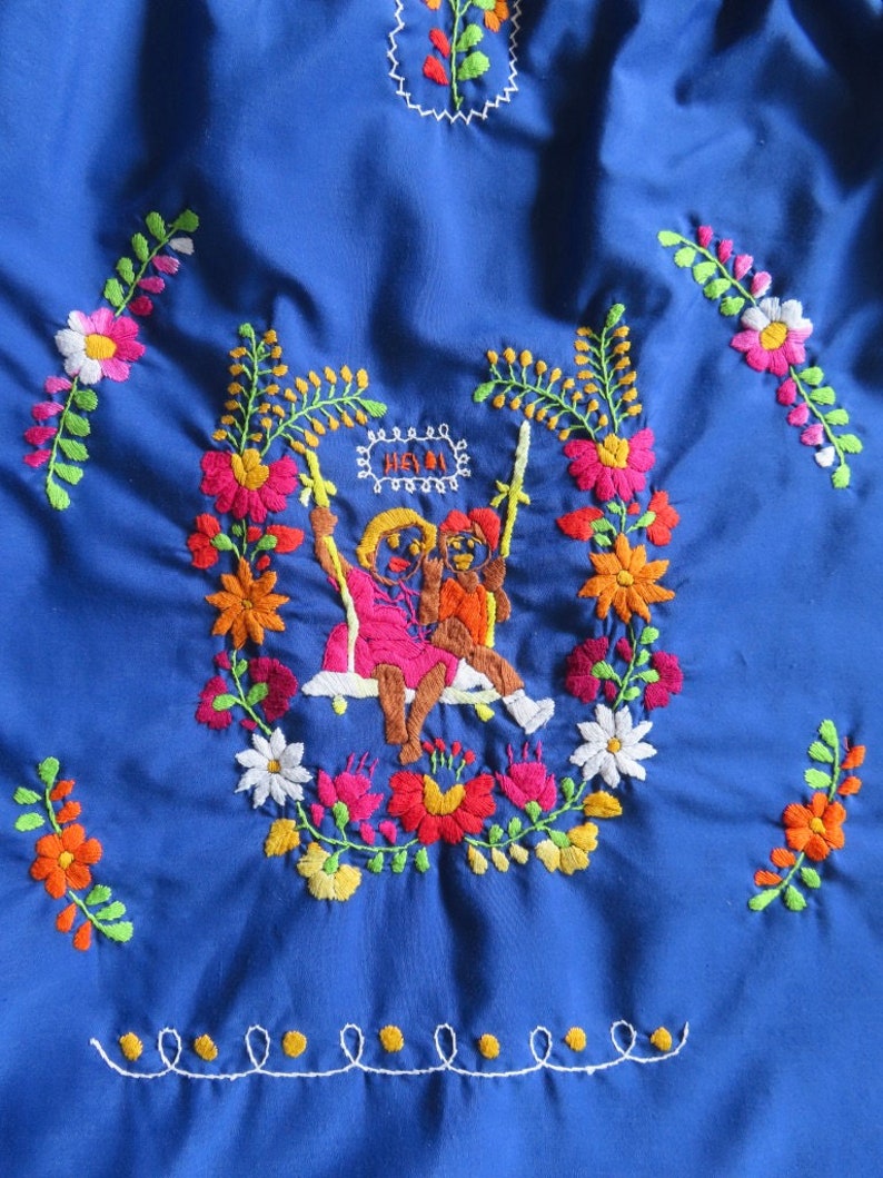 1970s Embroidered Dress Mexican Floral Person Figural Hand Embroidery Sleeveless Blue Folk size Small 36 chest / 44 hip / 37.5 length image 9