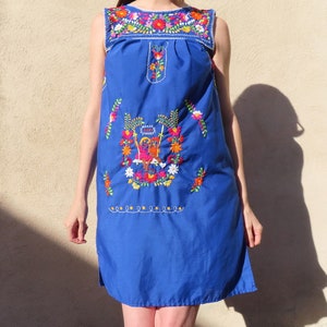 1970s Embroidered Dress Mexican Floral Person Figural Hand Embroidery Sleeveless Blue Folk size Small 36 chest / 44 hip / 37.5 length image 5