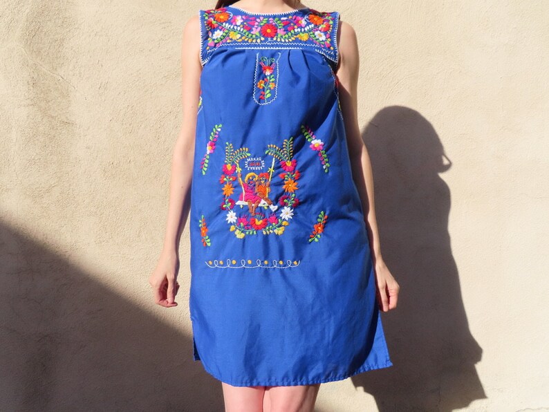 1970s Embroidered Dress Mexican Floral Person Figural Hand Embroidery Sleeveless Blue Folk size Small 36 chest / 44 hip / 37.5 length image 5