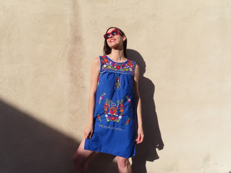 1970s Embroidered Dress Mexican Floral Person Figural Hand Embroidery Sleeveless Blue Folk size Small 36 chest / 44 hip / 37.5 length image 4